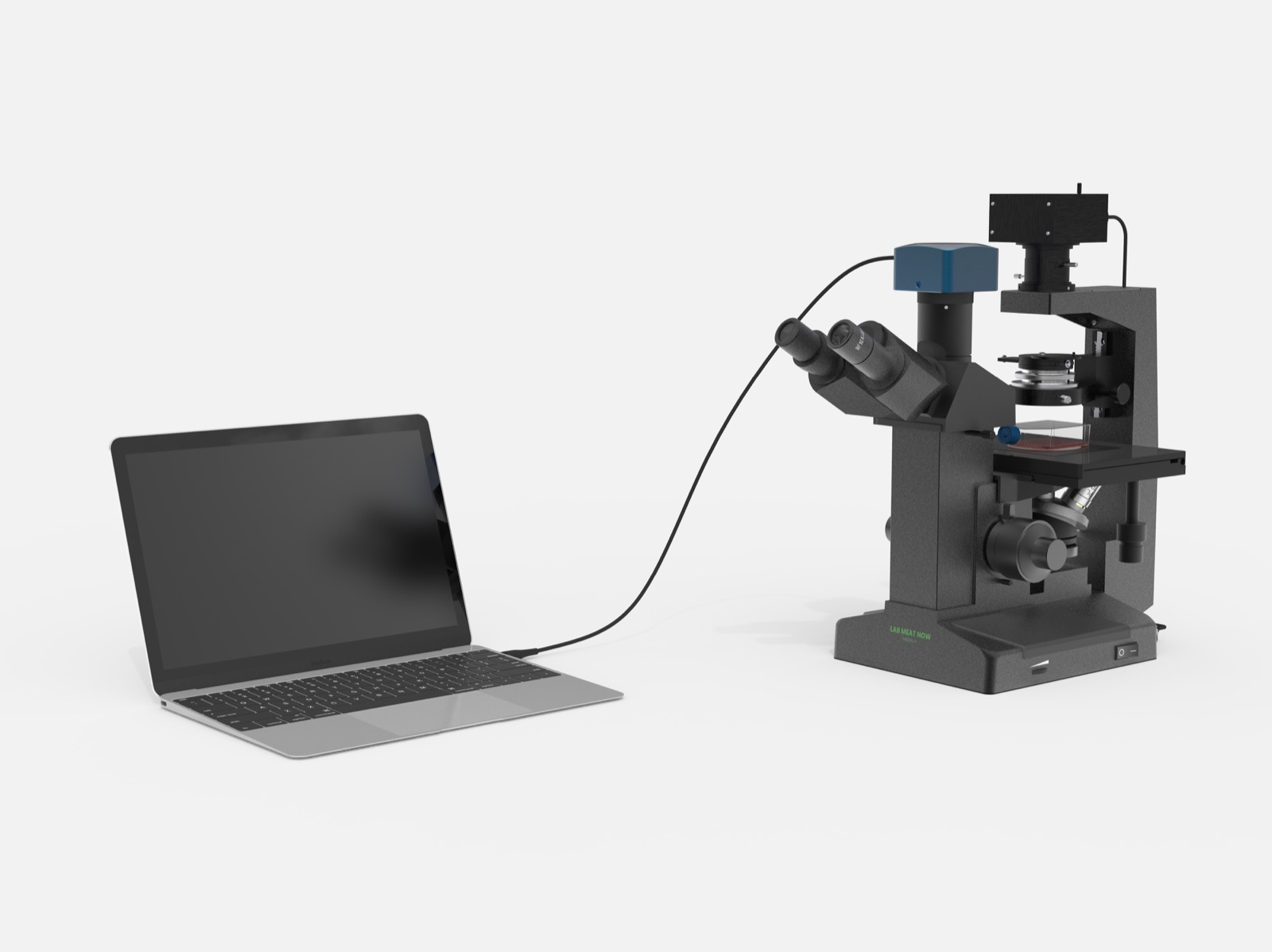 Lab Meat Now inverted microscope with culture flask