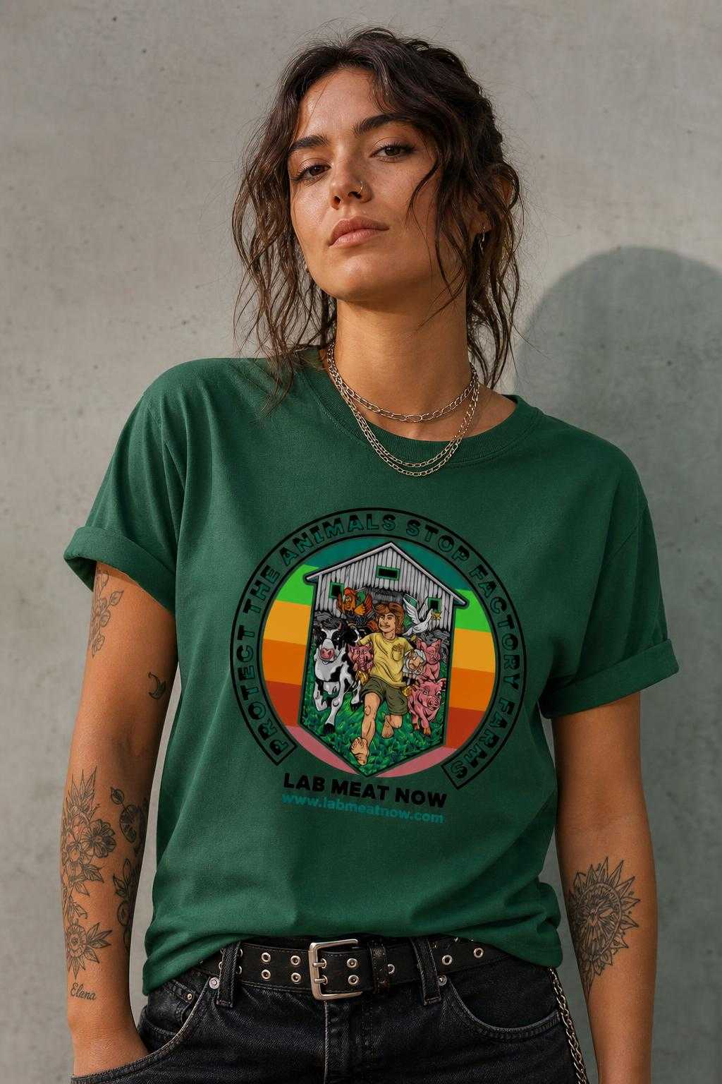 Green MooPeep shirt, female model, front
