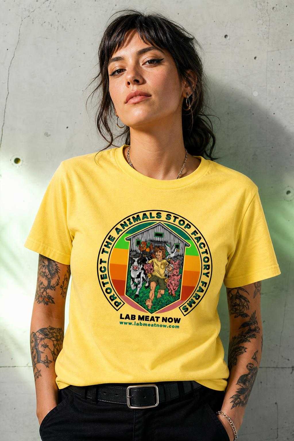 Yellow MooPeep shirt, female model, front
